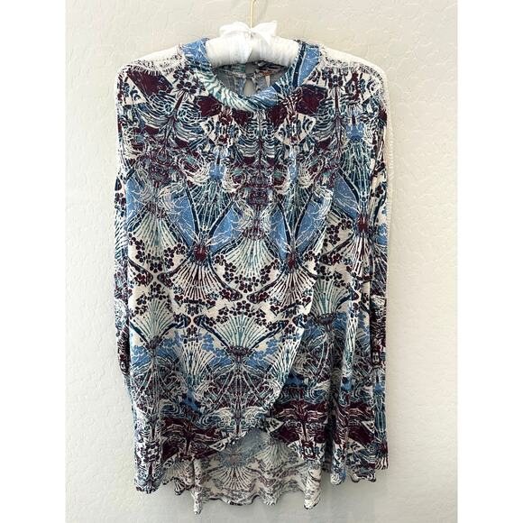 FREE PEOPLE Boho Print Lace Detail High Neck Keyhole Long Sleeve Top | Large - Picture 1 of 9